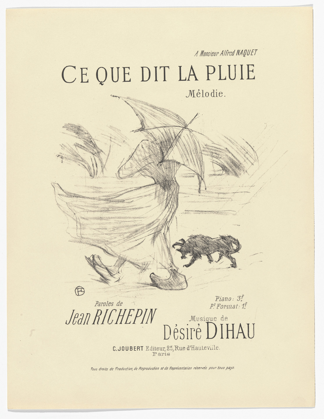 Henri de Toulouse-Lautrec. What the Rain Says (Ce que dit la pluie) from Quatorze lithographies originales (Mélodies de Désiré Dihau). 1895, published 1935