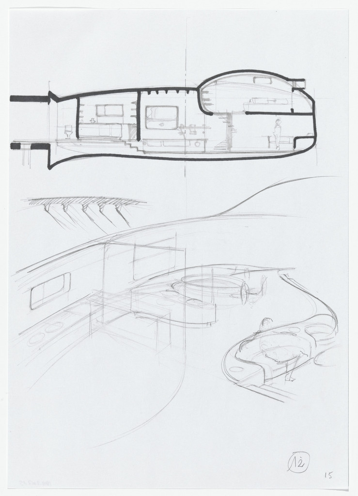 Urban Proposal with Multi Thin-Shell Capsules, project (Elevation and interior perspective sketches)