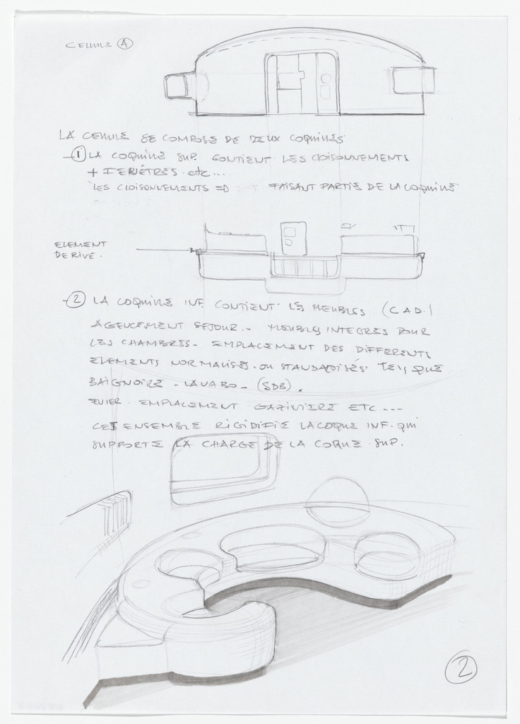 Urban Proposal with Multi Thin-Shell Capsules, project (Elevations and interior perspective sketch)