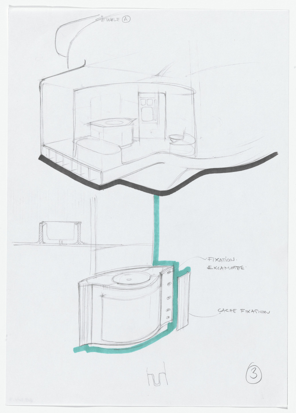 Daniel Grataloup. Urban Proposal with Multi Thin-Shell Capsules, project (Interior perspective and detail sketches). 1970