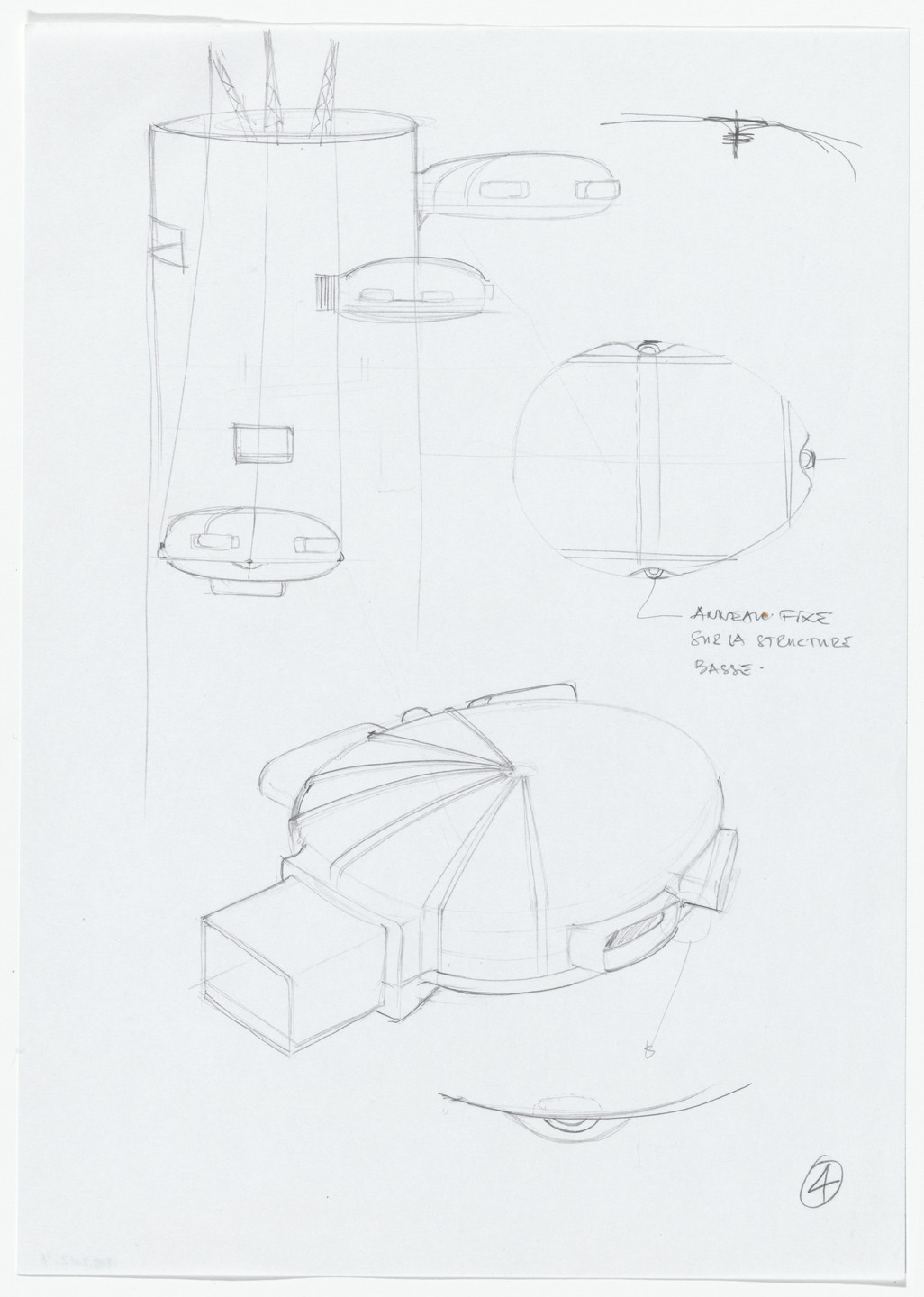 Daniel Grataloup. Urban Proposal with Multi Thin-Shell Capsules, project (Exterior perspective and plan sketches). 1970