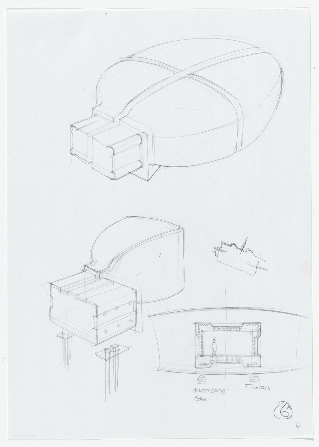 Daniel Grataloup. Urban Proposal with Multi Thin-Shell Capsules, project (Exterior perspective, elevation and detail sketches). 1970