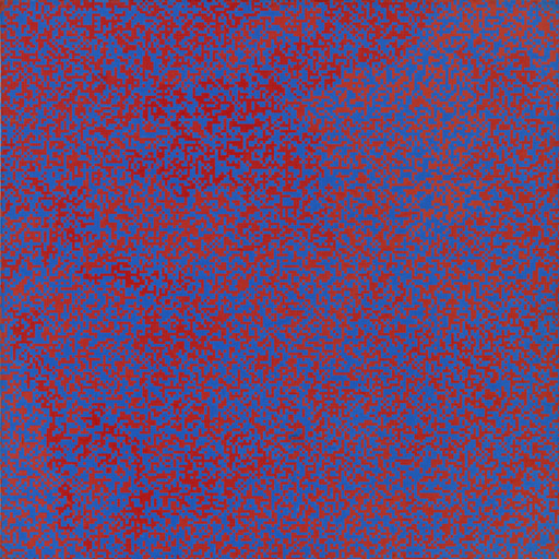 François Morellet. Random Distribution of 40,000 Squares Using the Odd and Even Numbers of a Telephone Directory, 50% Blue, 50% Red. 1960