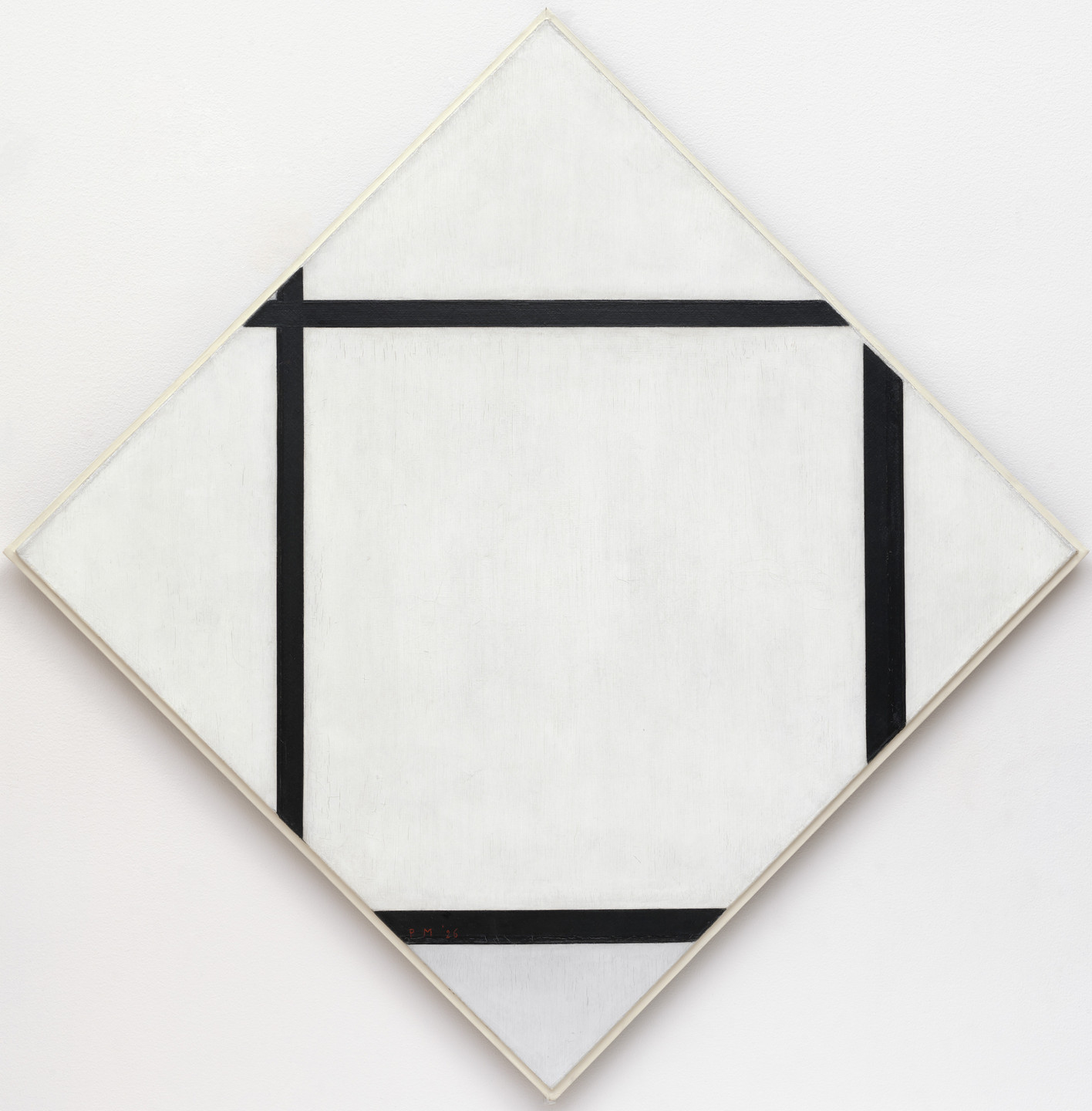 A white diamond-shaped painting features three black lines forming a large square frame. The lines are positioned near three corners of the diamond. This is an AI generated description. To give feedback, email ai@moma.org.