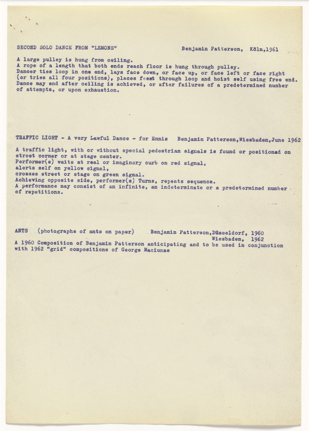 Benjamin Patterson. Second Solo Dance from Lemons, Traffic Light, and _Ants _. c. 1960-62