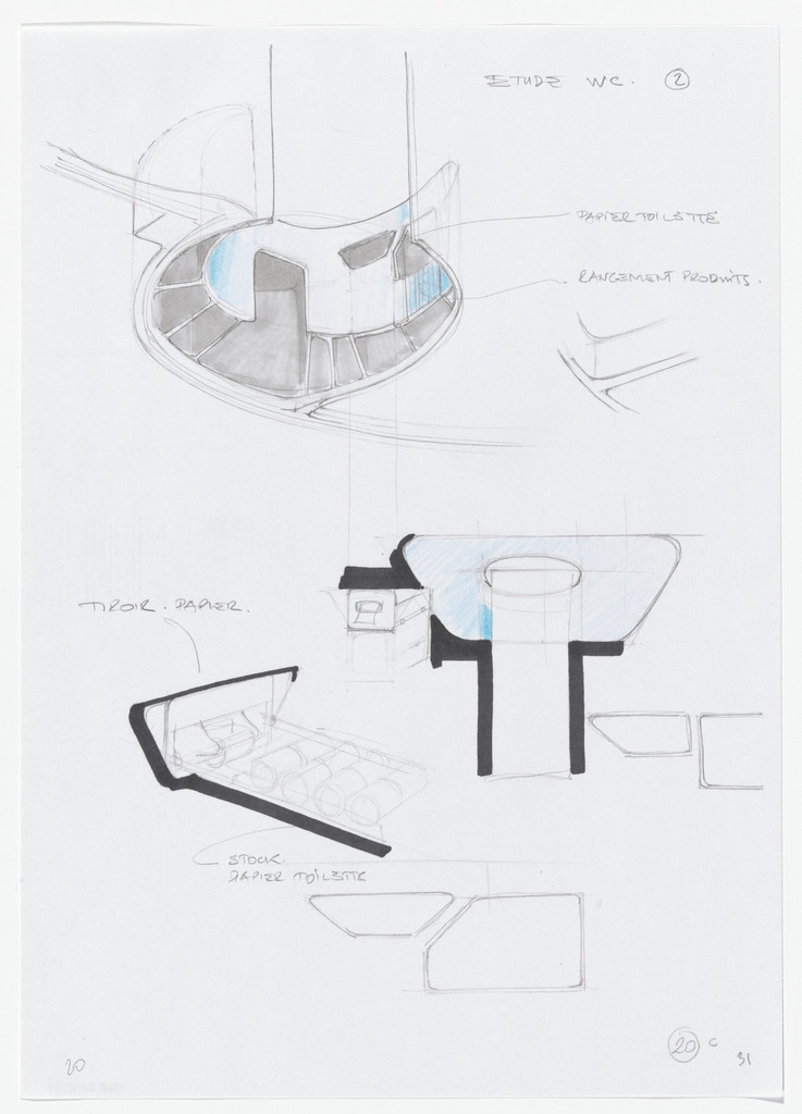 Urban Proposal with Multi Thin-Shell Capsules, project (Interior perspective and detail sketches), Daniel Grataloup, 1970