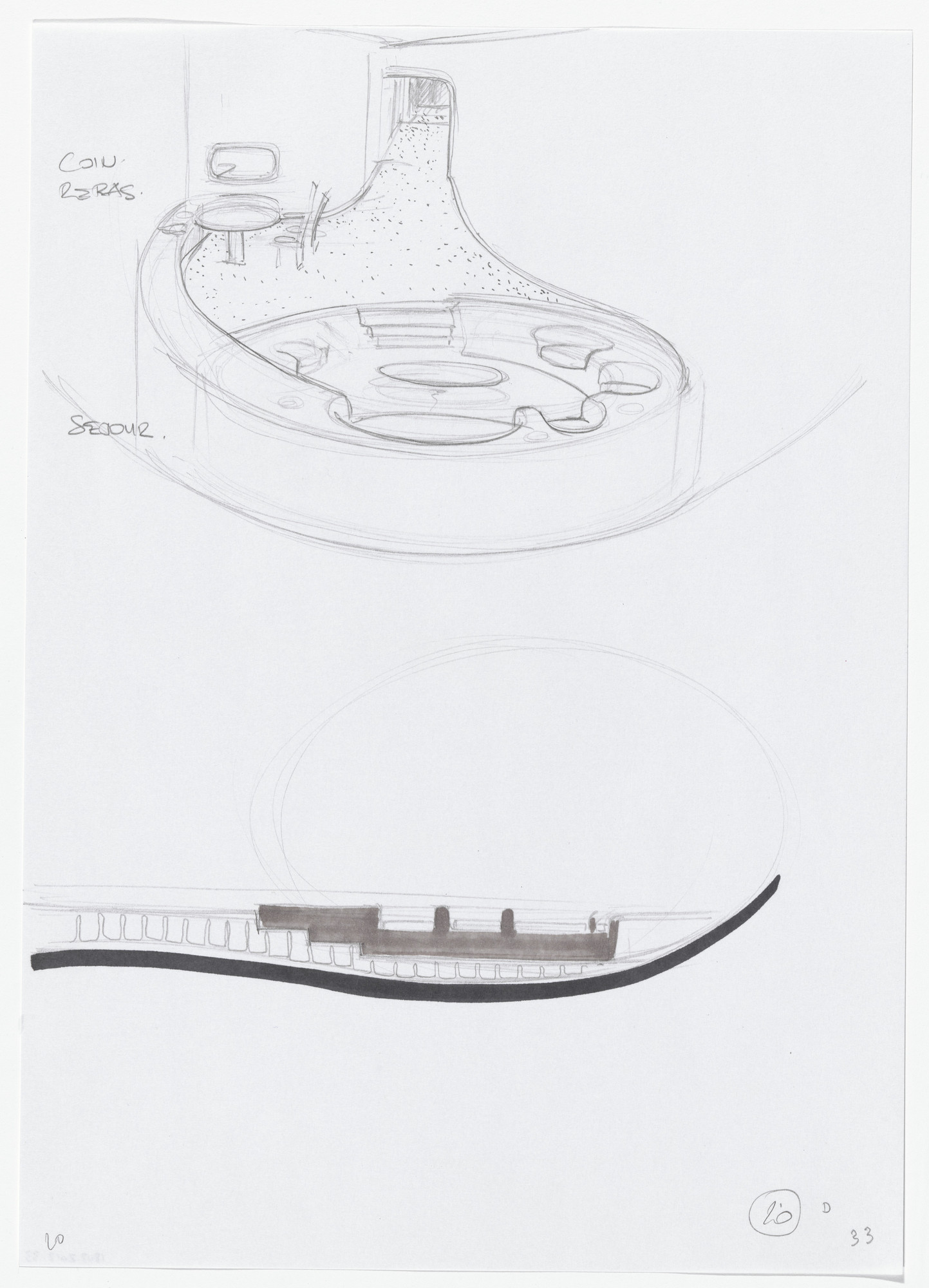 Daniel Grataloup. Urban Proposal with Multi Thin-Shell Capsules, project (Interior perspective and elevation sketches)