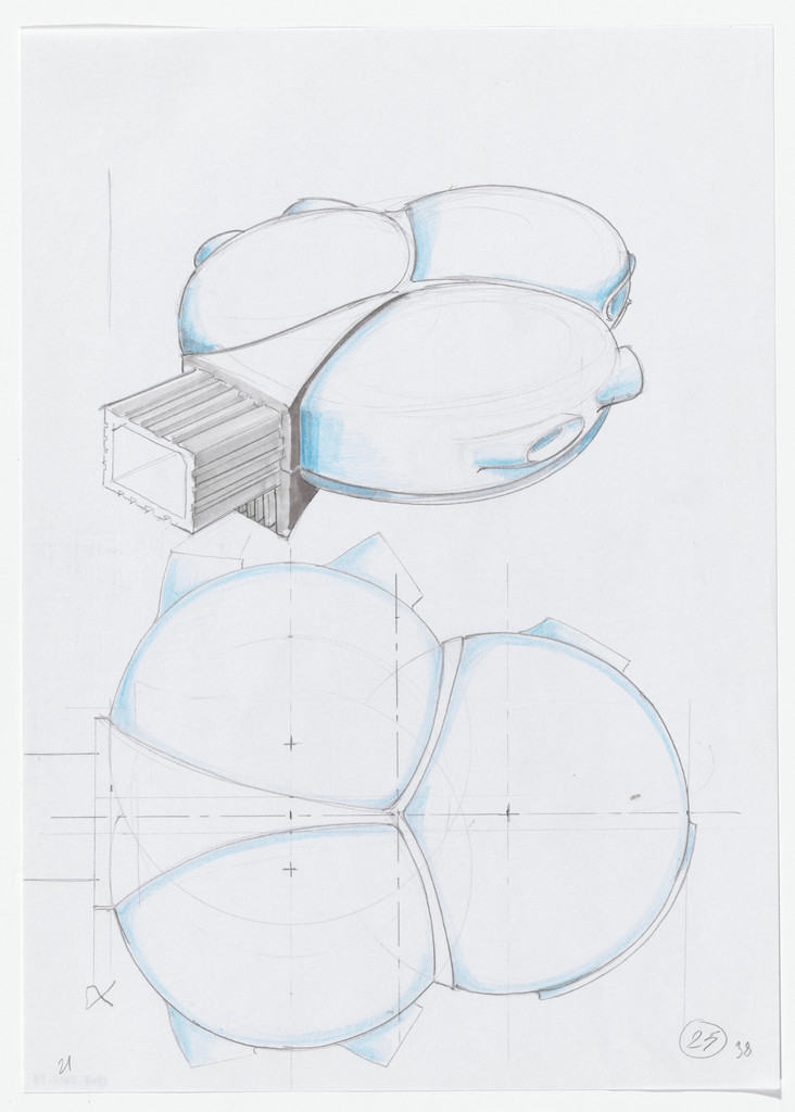 Urban Proposal with Multi Thin-Shell Capsules, project (Exterior perspective and plan sketches)