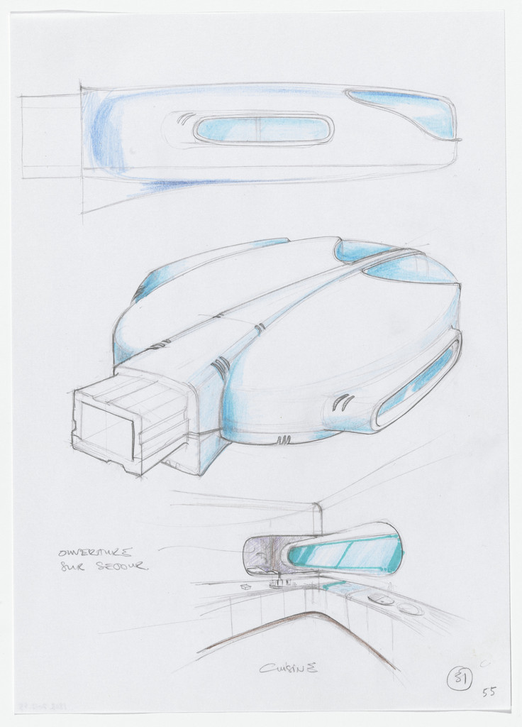 Urban Proposal with Multi Thin-Shell Capsules, project (Elevation, exterior and interior perspective sketches)