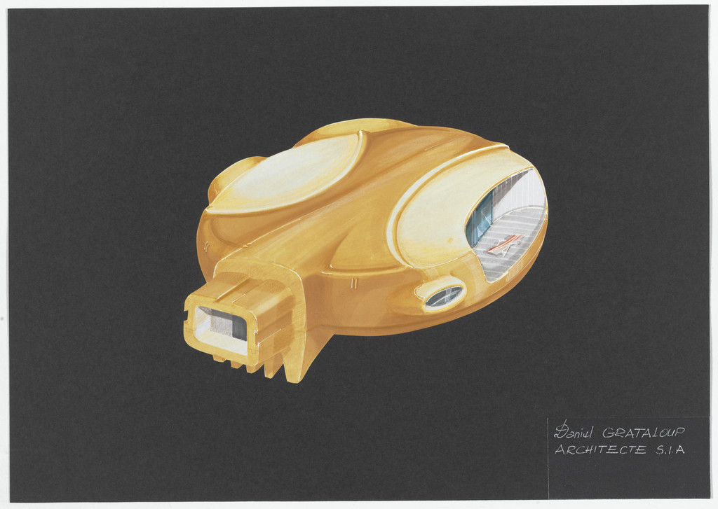 Urban Proposal with Multi Thin-Shell Capsules, project (Exterior perspective), Daniel Grataloup, 1970-1996