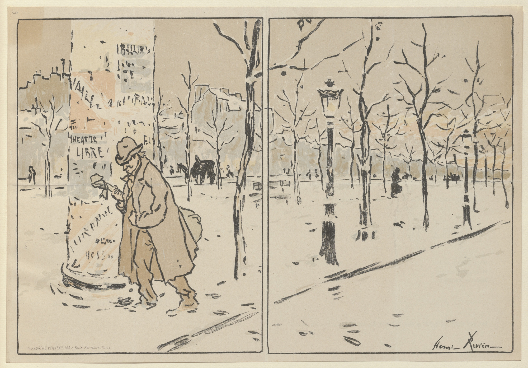 Henri Rivière. Paris in Winter (Paris en hiver) program for The Brothers Zemganno (Les Frères Zemganno) and Two Lovebirds (Deux tourtereaux) from The Beraldi Album of Theatre Programs. 1890