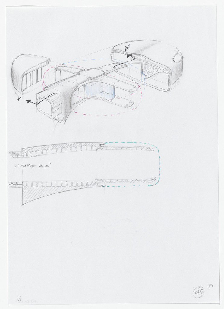 Urban Proposal with Multi Thin-Shell Capsules, project (Exterior perspective and elevation sketches), Daniel Grataloup, 1970