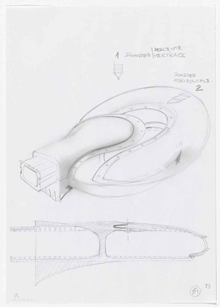 Urban Proposal with Multi Thin-Shell Capsules, project (Exterior perspective and elevation sketches), Daniel Grataloup, 1970