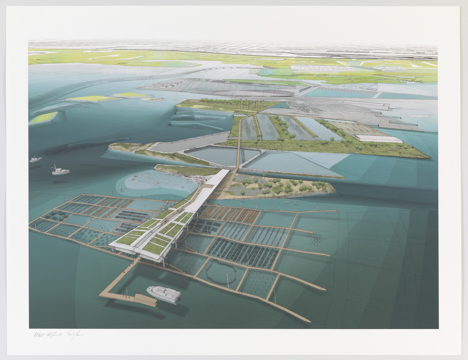 Paul Lewis, Marc Tsurumaki, David J. Lewis. Aquaculture Research and Development Center, Water Proving Ground Project, Liberty State Park, NJ (Aerial perspective). 2010