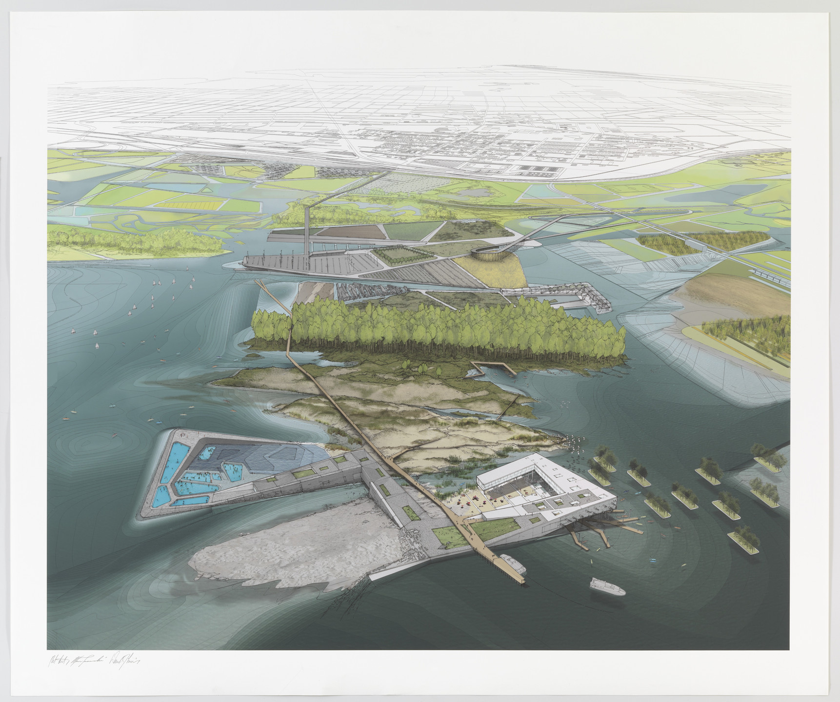 Paul Lewis, Marc Tsurumaki, David J. Lewis. Water Lodge, Water Proving Ground Project, Liberty State Park, NJ (Aerial perspective). 2010