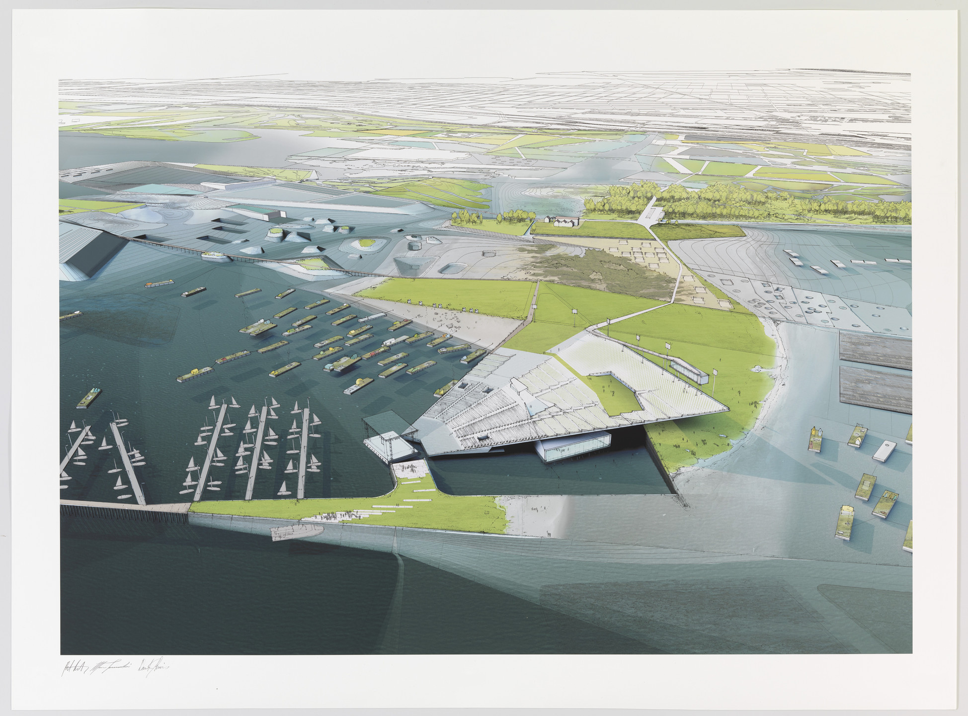 Paul Lewis, Marc Tsurumaki, David J. Lewis. Amphitheater, Water Proving Ground Project, Liberty State Park, NJ (Aerial perspective). 2010