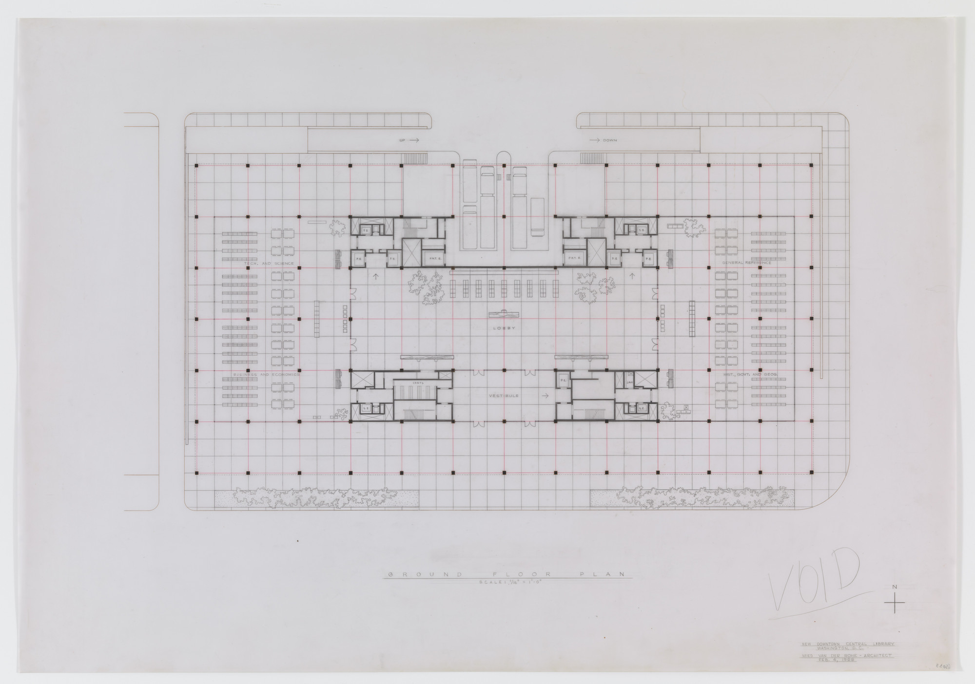 Ludwig Mies van der Rohe. Martin Luther King Jr. Memorial Library, Washington, D.C., First floor plan. 1965-1968