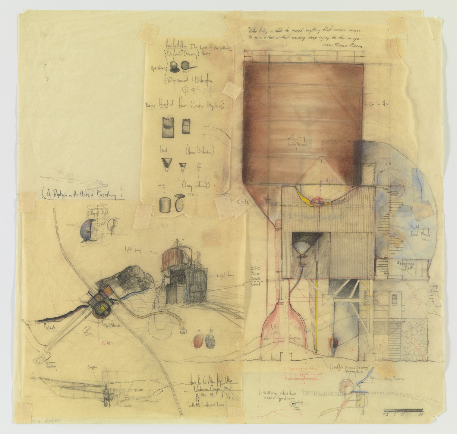 Douglas Darden. Oxygen House Project (Elevation, section, plan and detail sketches). 1988