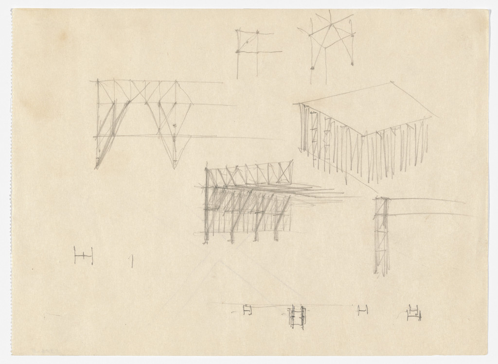 Convention Hall Project, Chicago, IL, Aerial and interior perspectives, exterior elevation, and sections