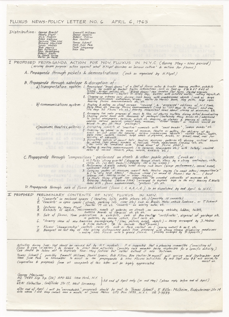 Fluxus News-Policy Letter, no. 6, April 6, 1963