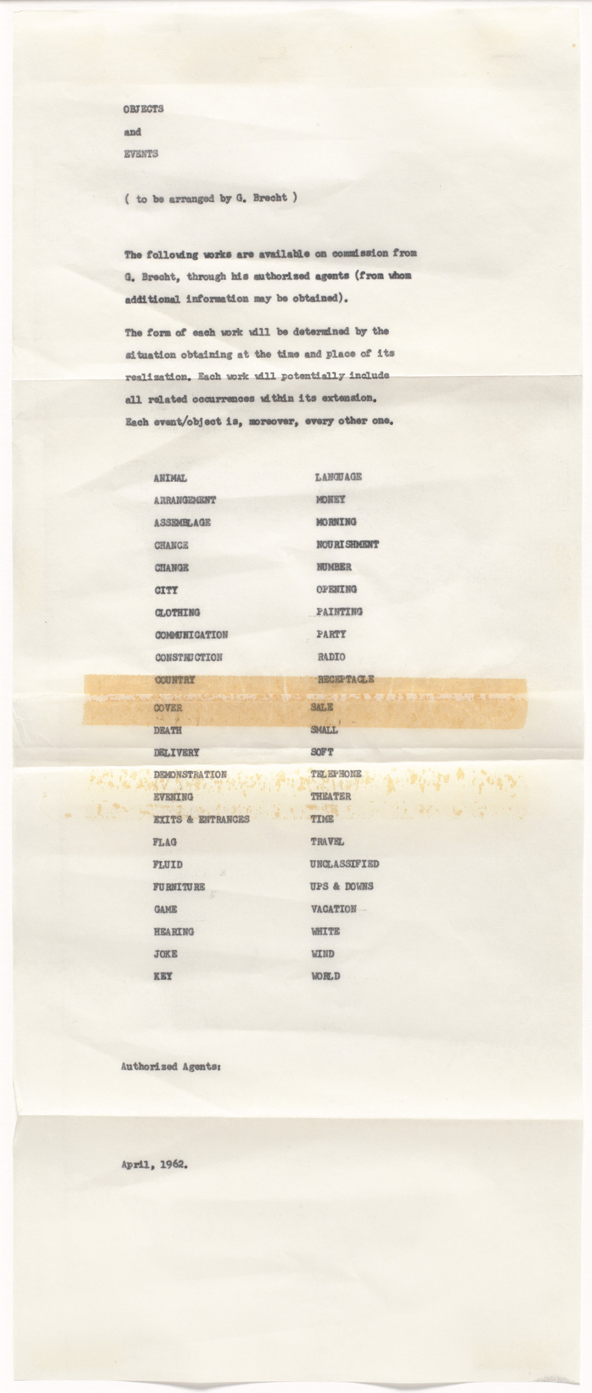 George Brecht. Objects and Events (to be arranged by G. Brecht)