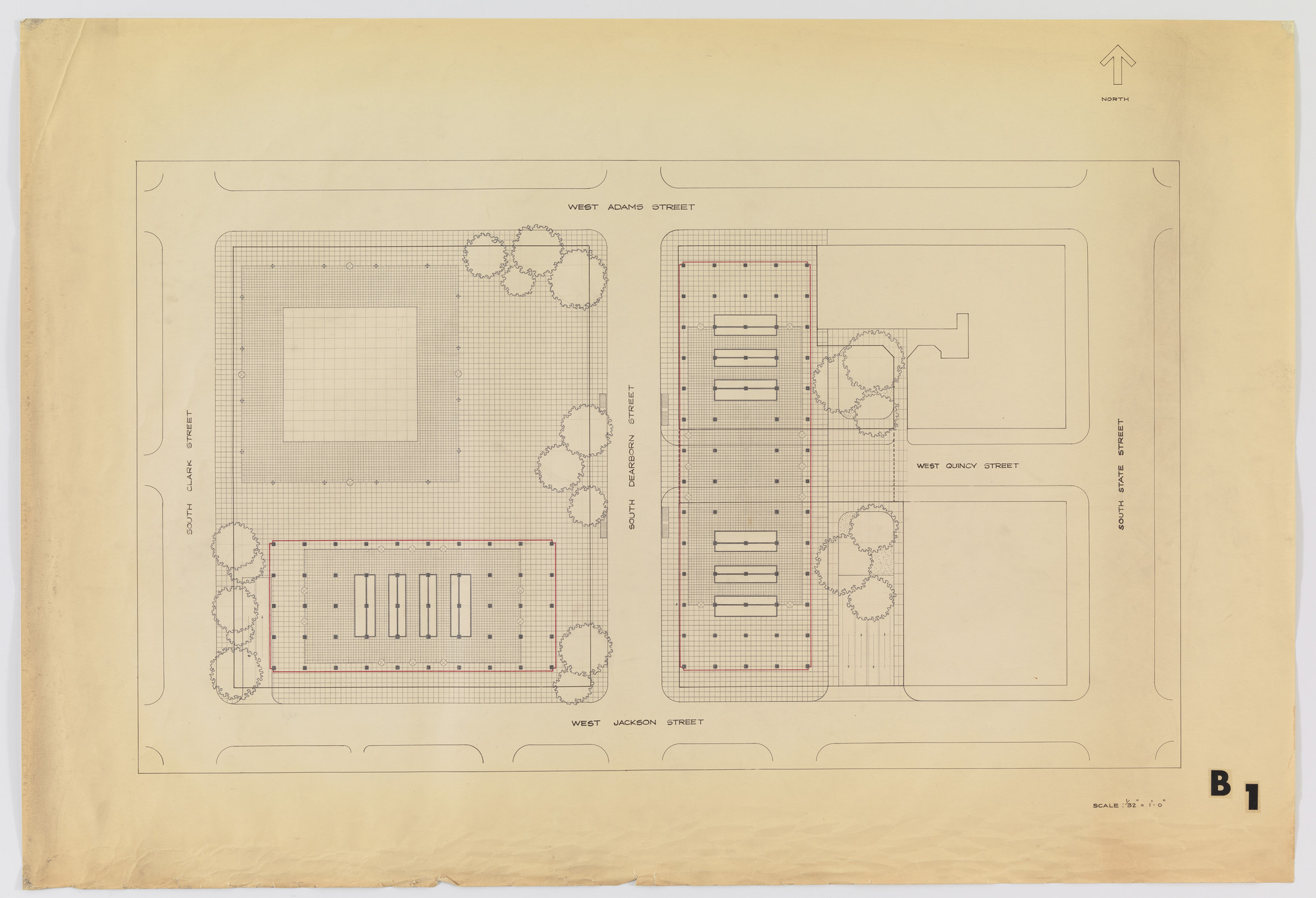 Ludwig Mies van der Rohe. Federal Center, Chicago, Illinois (Site plan). 1959