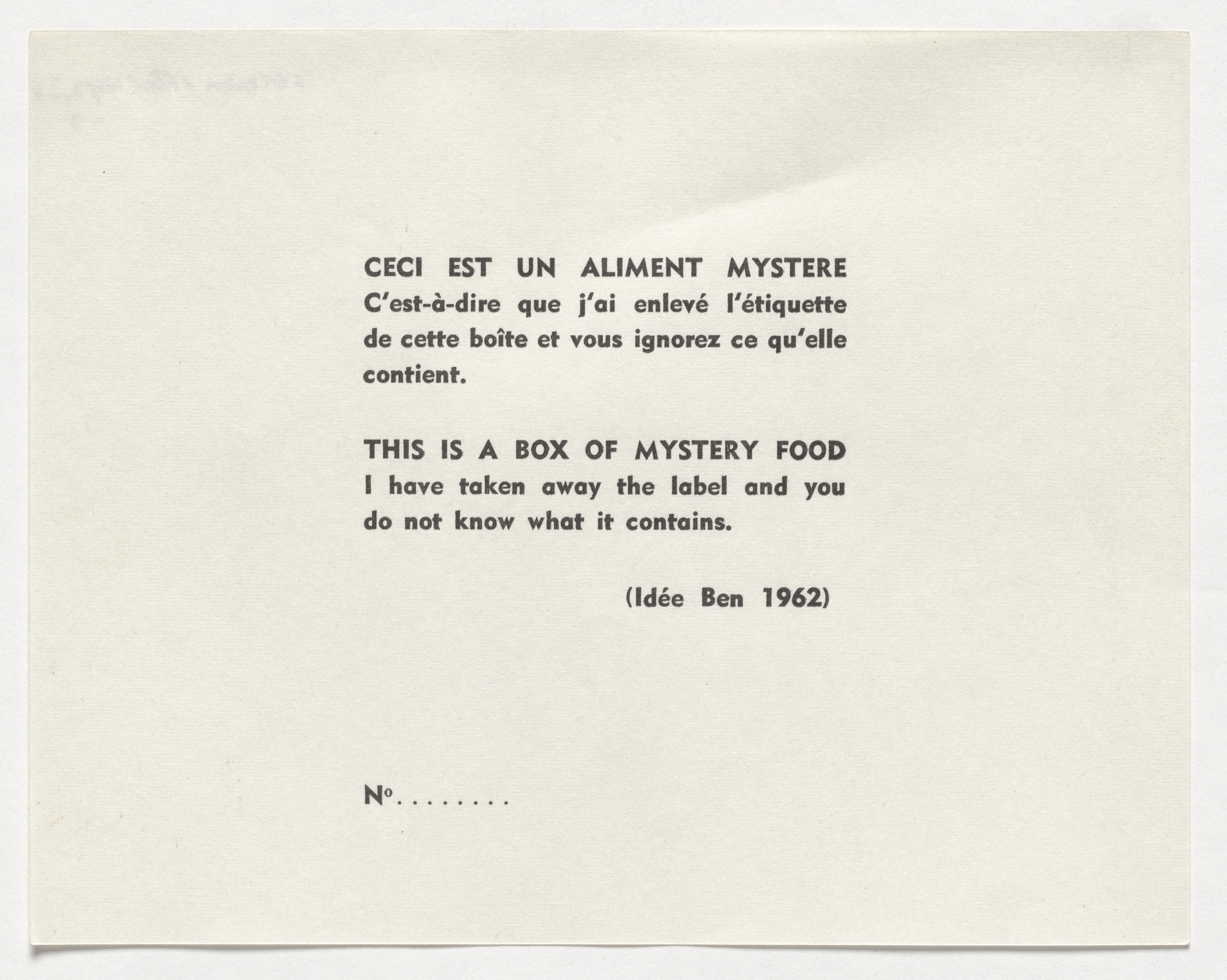 Ben Vautier. Label for Mystery Food