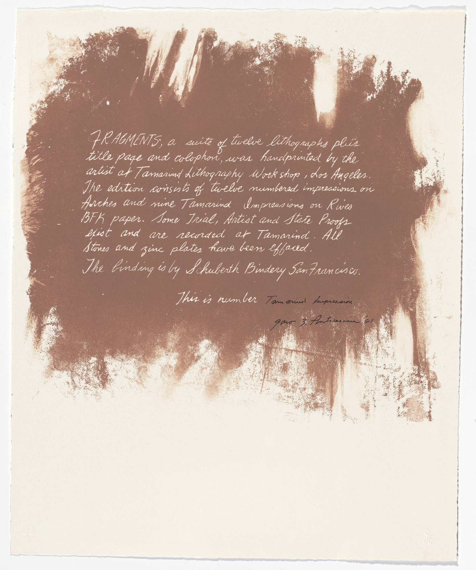 Garo Antreasian. Colophon page from Fragments