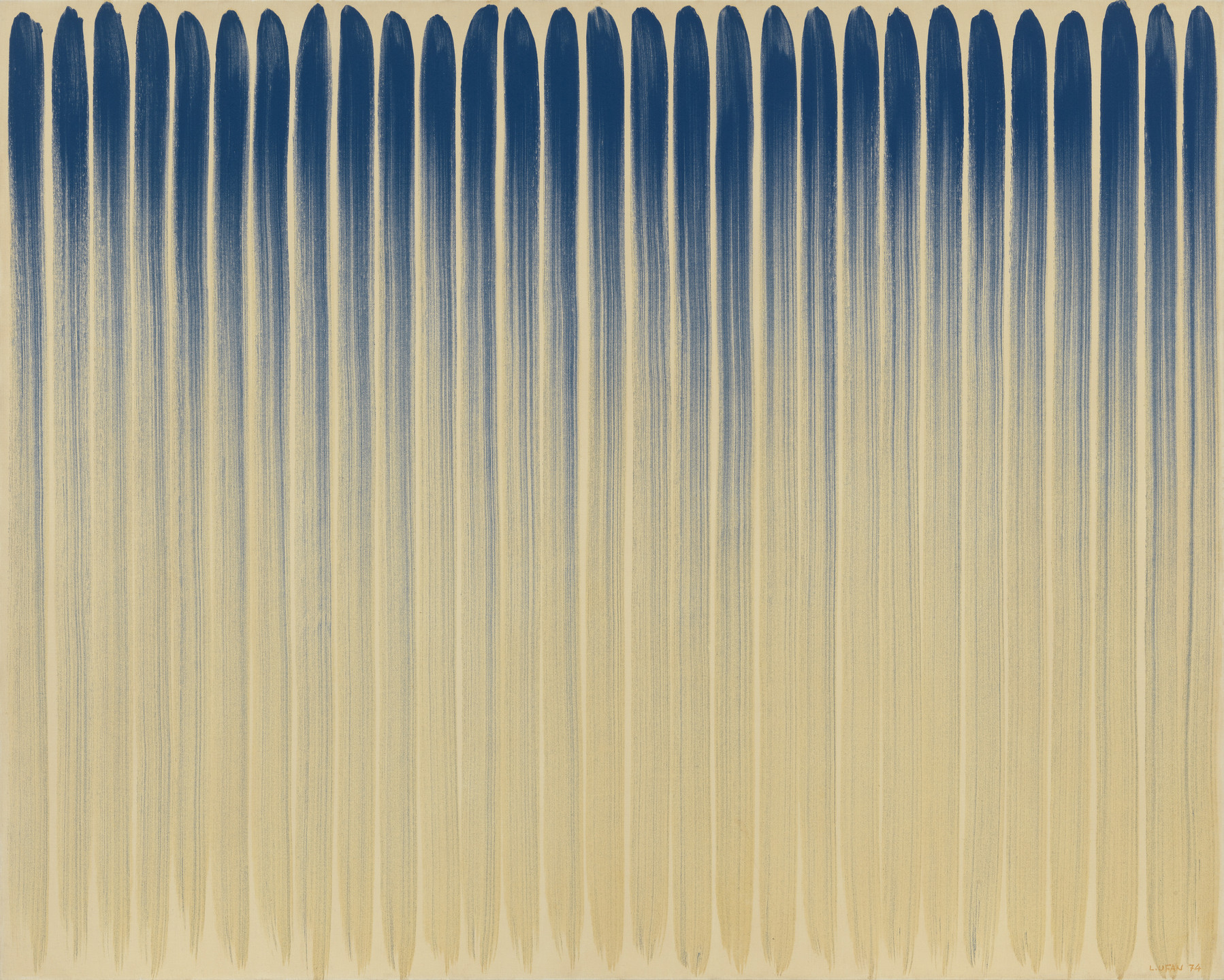 The image displays vertical streaks in a gradient pattern, transitioning from deep blue at the top to beige at the bottom. The lines are closely spaced and uniform in width. This is an AI generated description. To give feedback, email ai@moma.org.