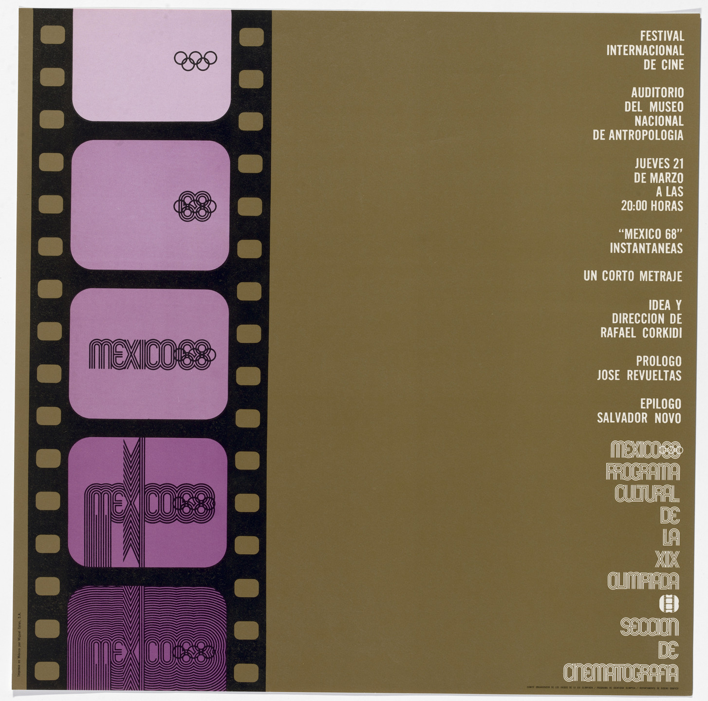 Department of Publications and Urban Design, Organizing Committee of the XIX Olympiad. International Film Festival, March 21st, Mexico City Cultural Olympics. 1968