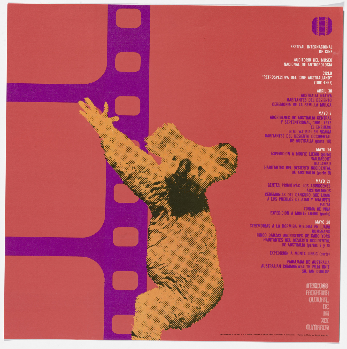 Department of Publications and Urban Design, Organizing Committee of the XIX Olympiad. International Film Festival, Retrospective of Australian Cinema 1901-1967, Mexico City Cultural Olympics. 1968