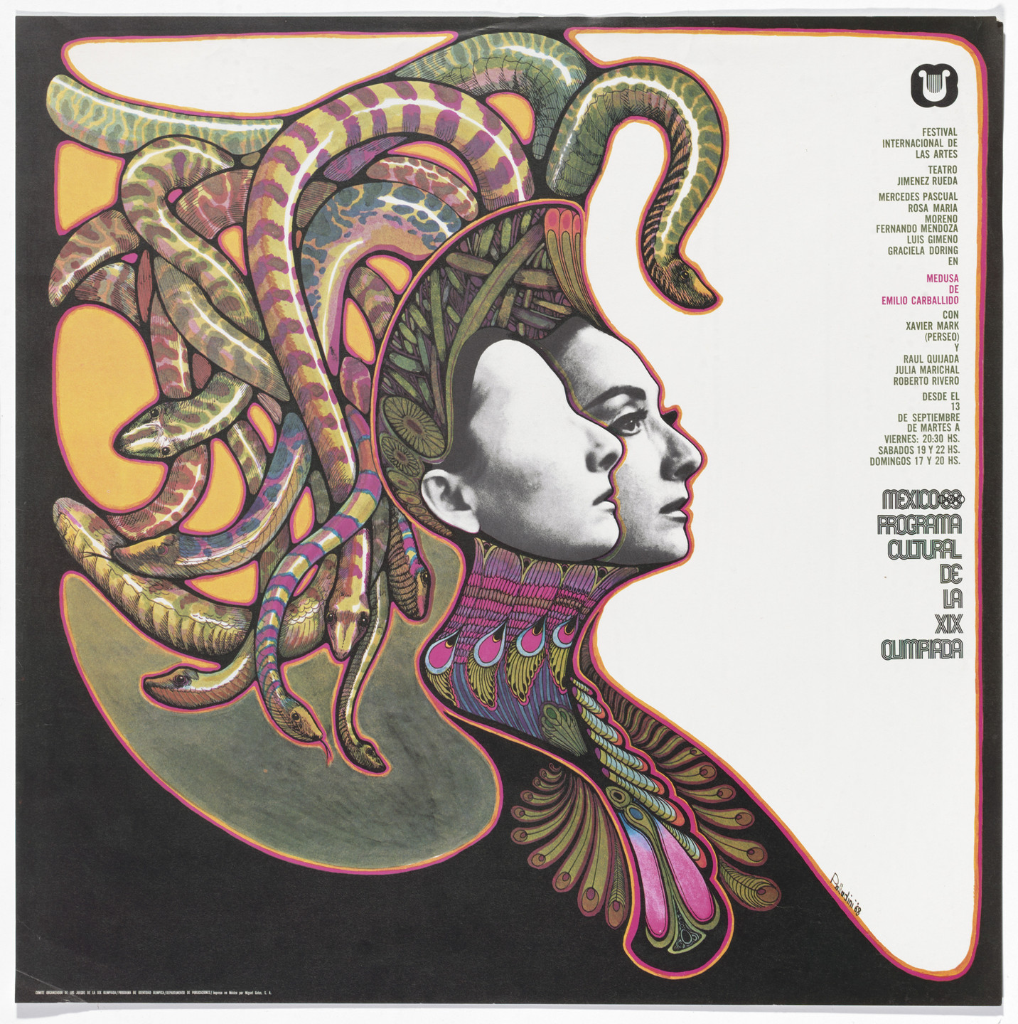 Bob Pellegrini, Department of Publications and Urban Design, Organizing Committee of the XIX Olympiad, Miguel Galas S.A., Mexico City. International Festival of the Arts, Medusa, by Emilio Carballido, Mexico City Cultural Olympics. 1968