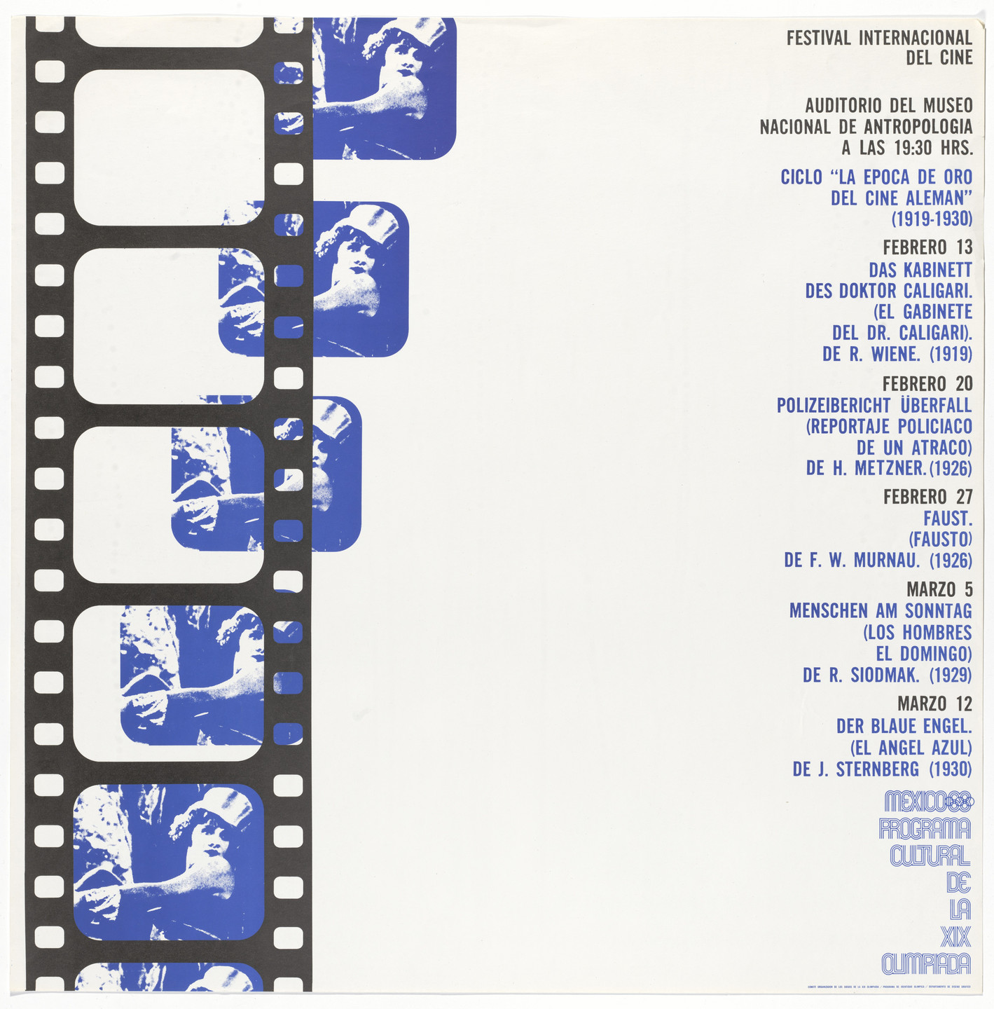 Department of Publications and Urban Design, Organizing Committee of the XIX Olympiad. International Film Festival, "Golden Age of German Cinema (1919-1930)" Series, Mexico City Cultural Olympics. c. 1968