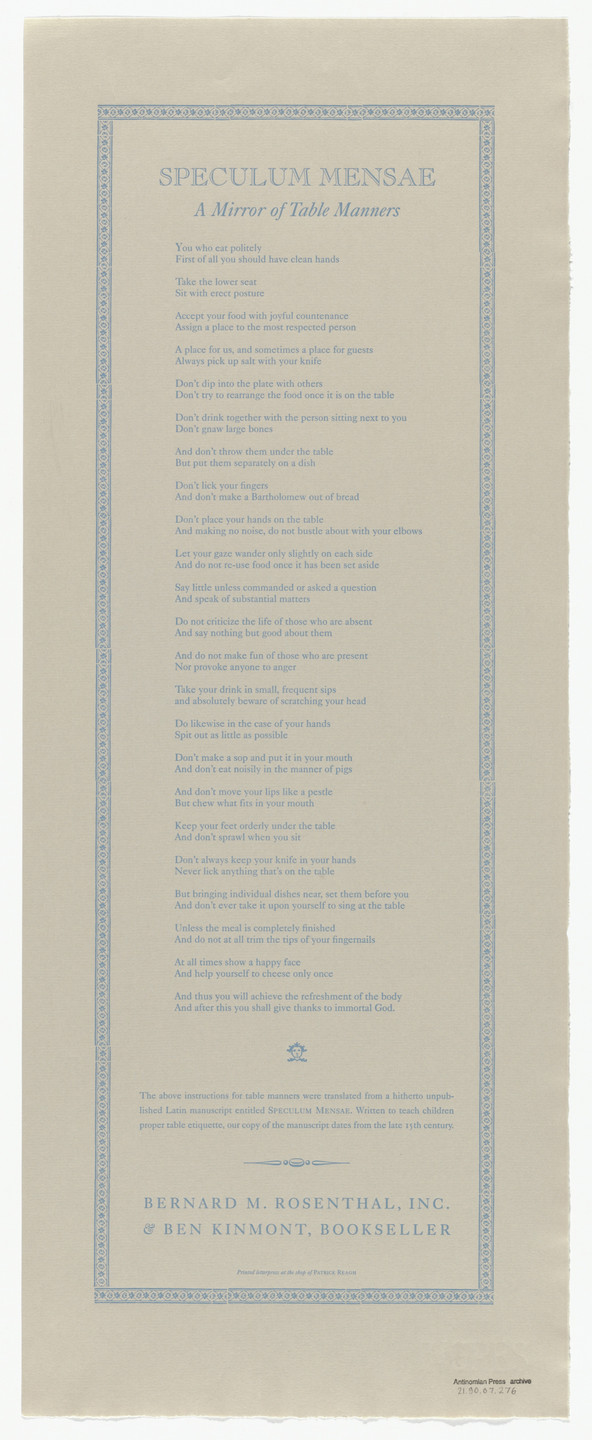 Ben Kinmont. Speculum mensae from Antinomian Press Archive.