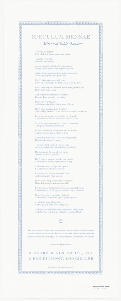 Speculum mensae from Antinomian Press Archive