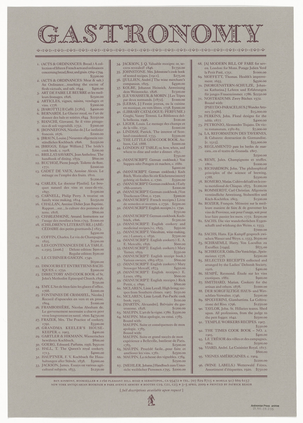 Ben Kinmont. Gastronomy from Antinomian Press Archive. 2009