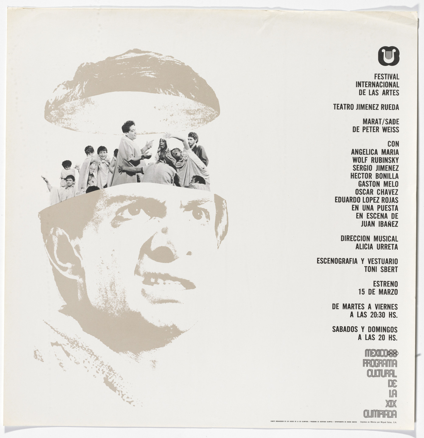 Lance Wyman, Department of Publications and Urban Design, Organizing Committee of the XIX Olympiad, Michael C. Gross. International Festival of the Arts, &#34;Marat/Sade&#34; by Peter Weiss, Mexico City Cultural Olympics. 1968