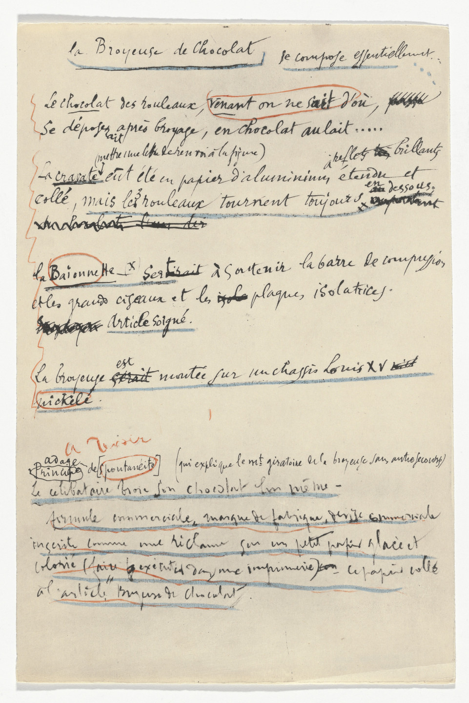 A handwritten document on off-white paper with black cursive, blue underlining, and red accent marks. Several words are crossed out and circled in red. This is an AI generated description. To give feedback, email ai@moma.org.