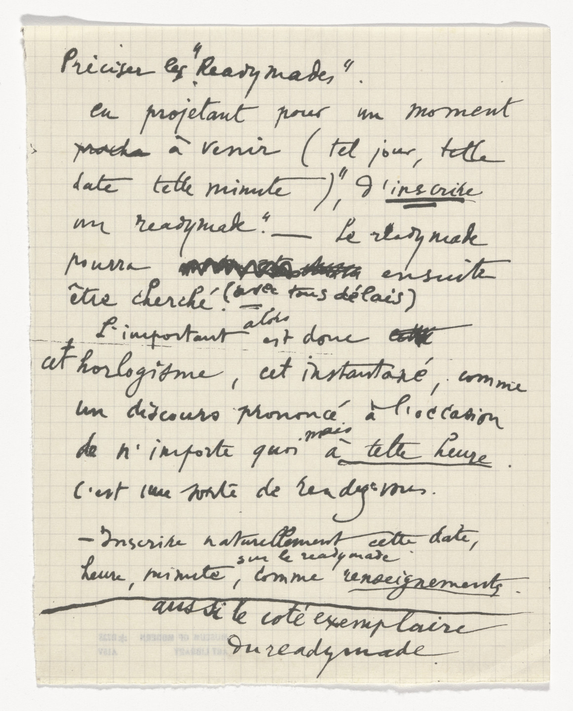 A piece of checkered paper with several lines of handwritten French text in black ink, some of it crossed out. The paper has a small tear at the top left and slight fraying at the bottom edge. This is an AI generated description. To give feedback, email ai@moma.org.
