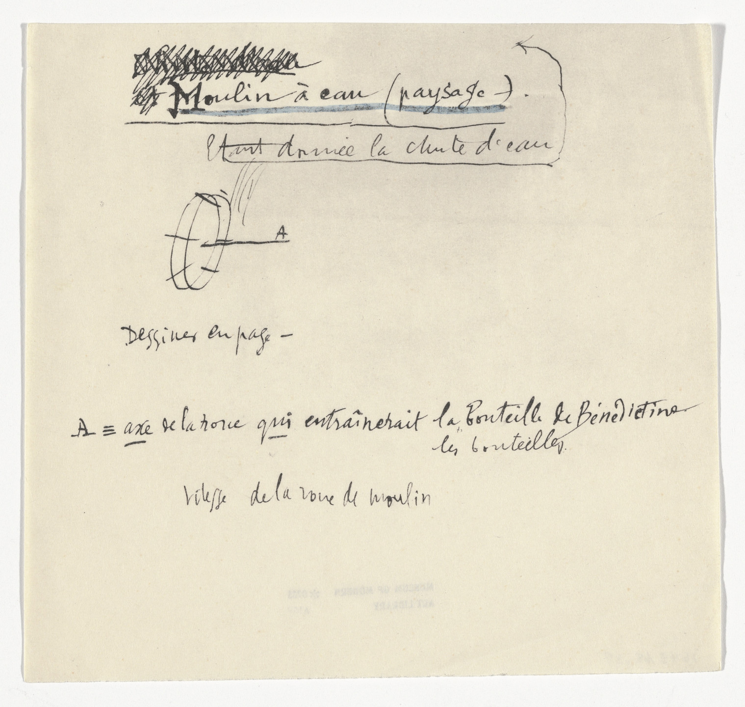 Handwritten text and a sketch in black ink on off-white paper. The sketch depicts a simple water wheel with annotations and lines indicating water flow. This is an AI generated description. To give feedback, email ai@moma.org.
