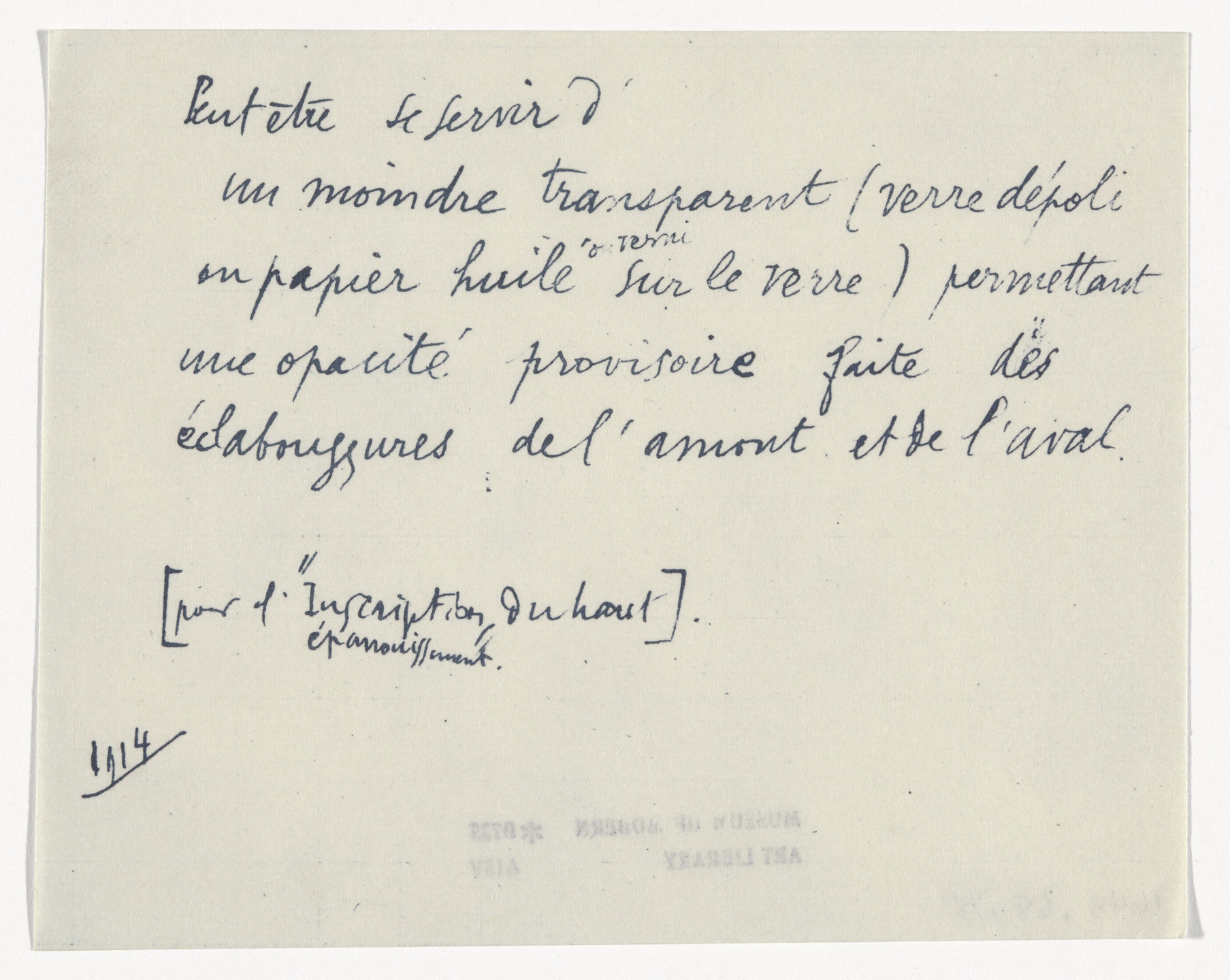 A handwritten note in dark ink on off-white paper. The text is in French and includes a paragraph and smaller annotations, along with the year &#34;1914&#34; at the bottom left. This is an AI generated description. To give feedback, email ai@moma.org.