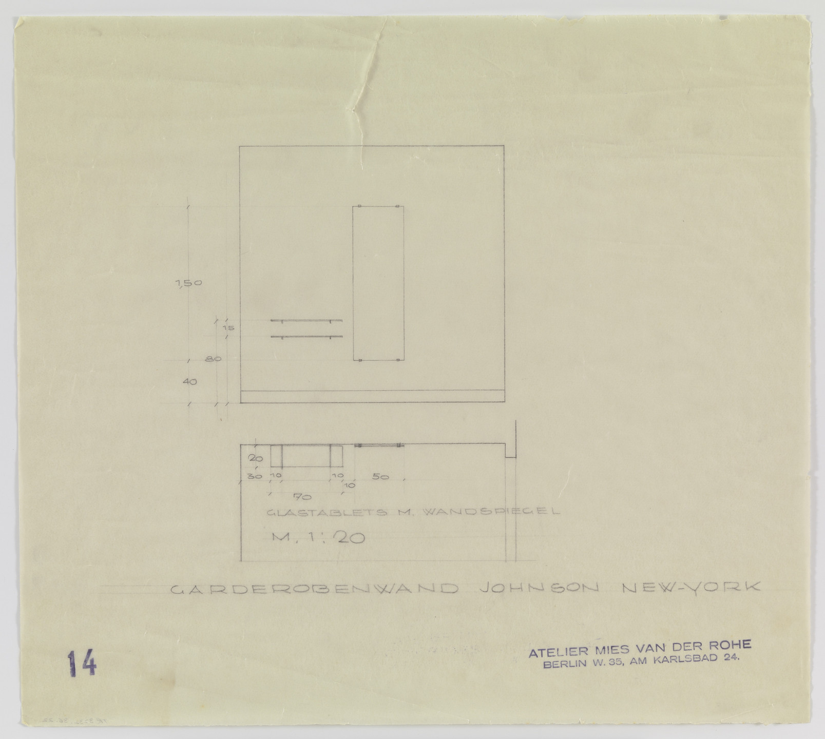 Ludwig Mies van der Rohe, Lilly Reich. Philip Johnson Apartment, New York, NY (Wardrobe wall, glass shelves and mirror. Elevation and section.). 1930-1931