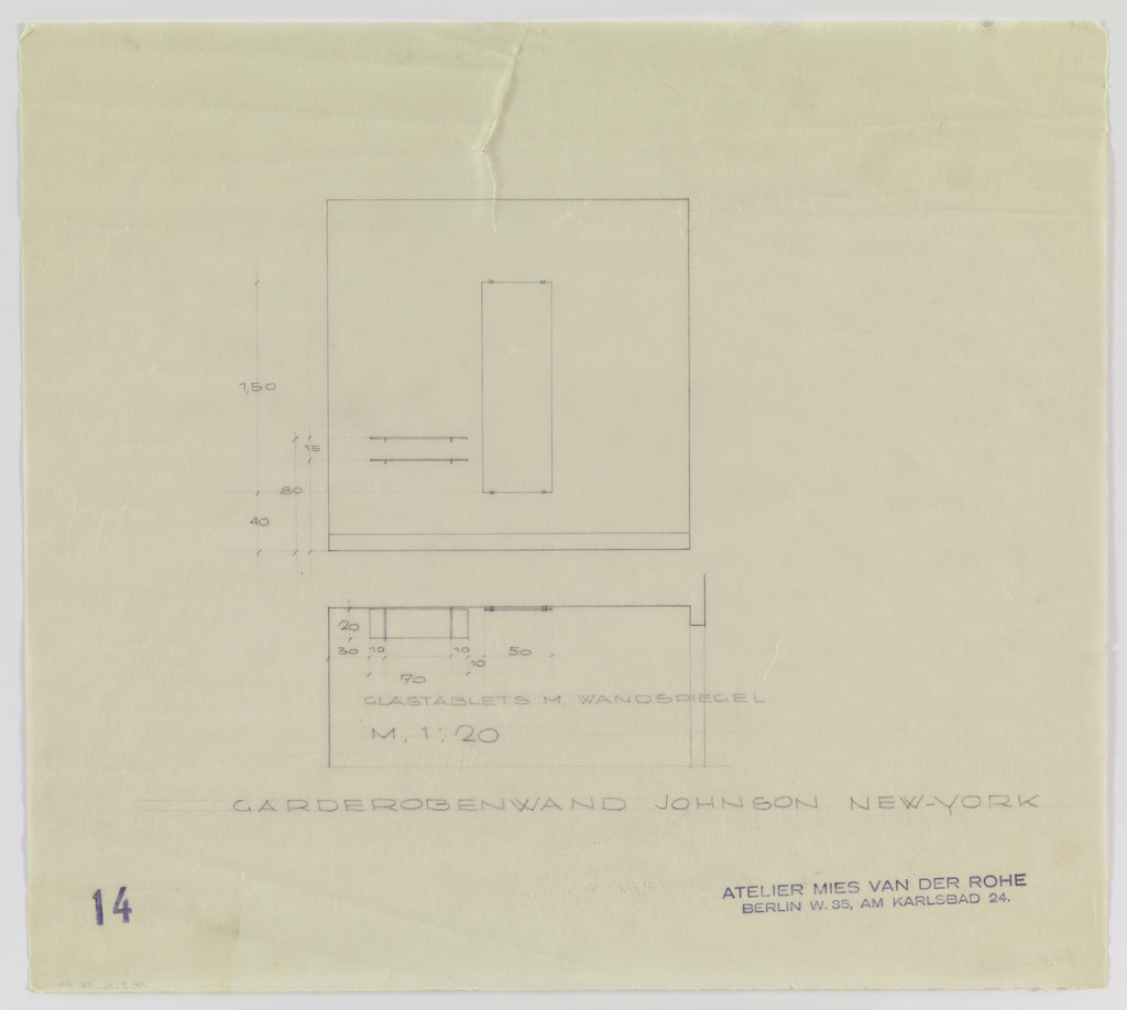 Philip Johnson Apartment, New York, NY (Wardrobe wall, glass shelves and mirror. Elevation and section.)