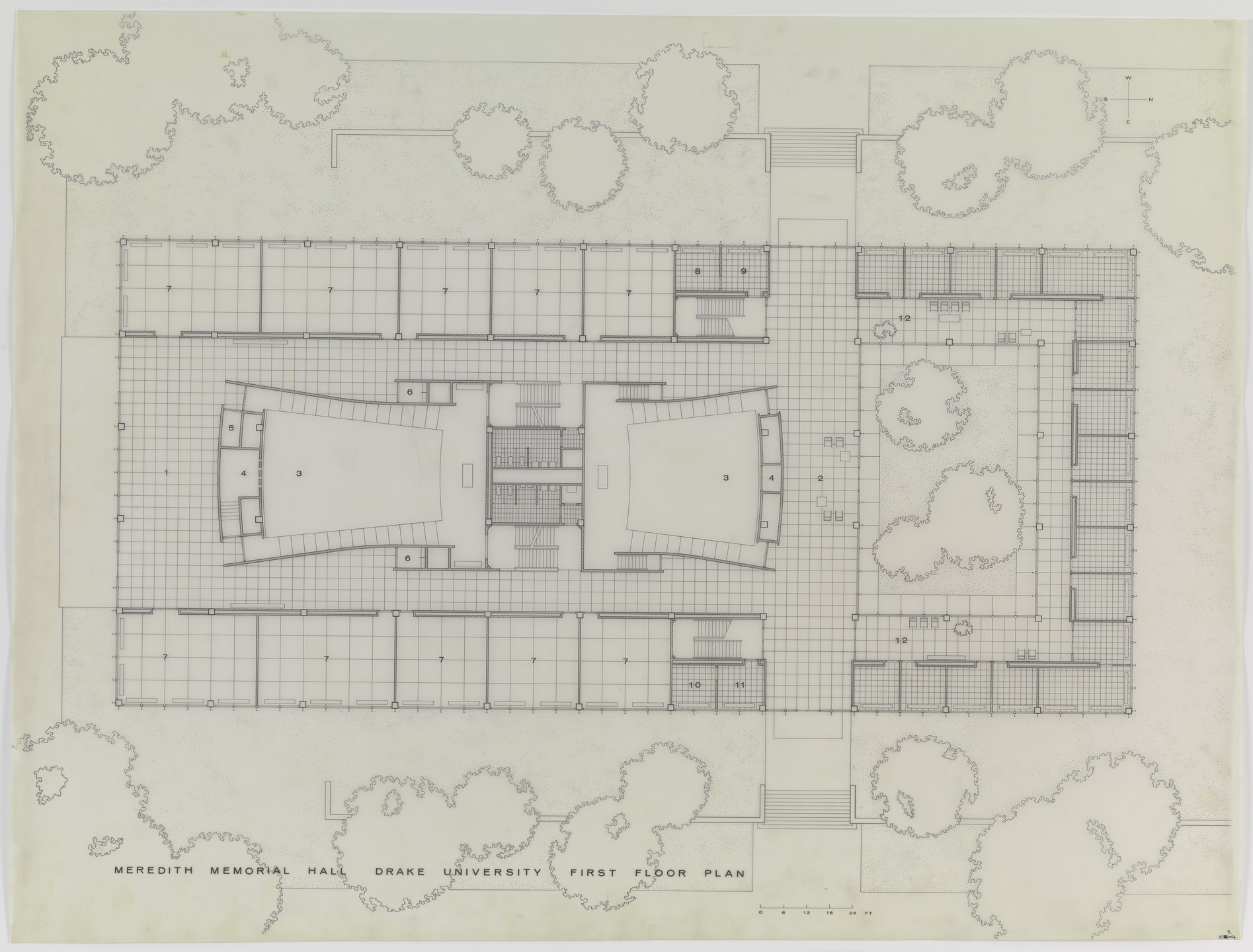 Ludwig Mies van der Rohe. Meredith Memorial Hall, Drake University, Des Moines, IA, First floor plan. 1962–1965