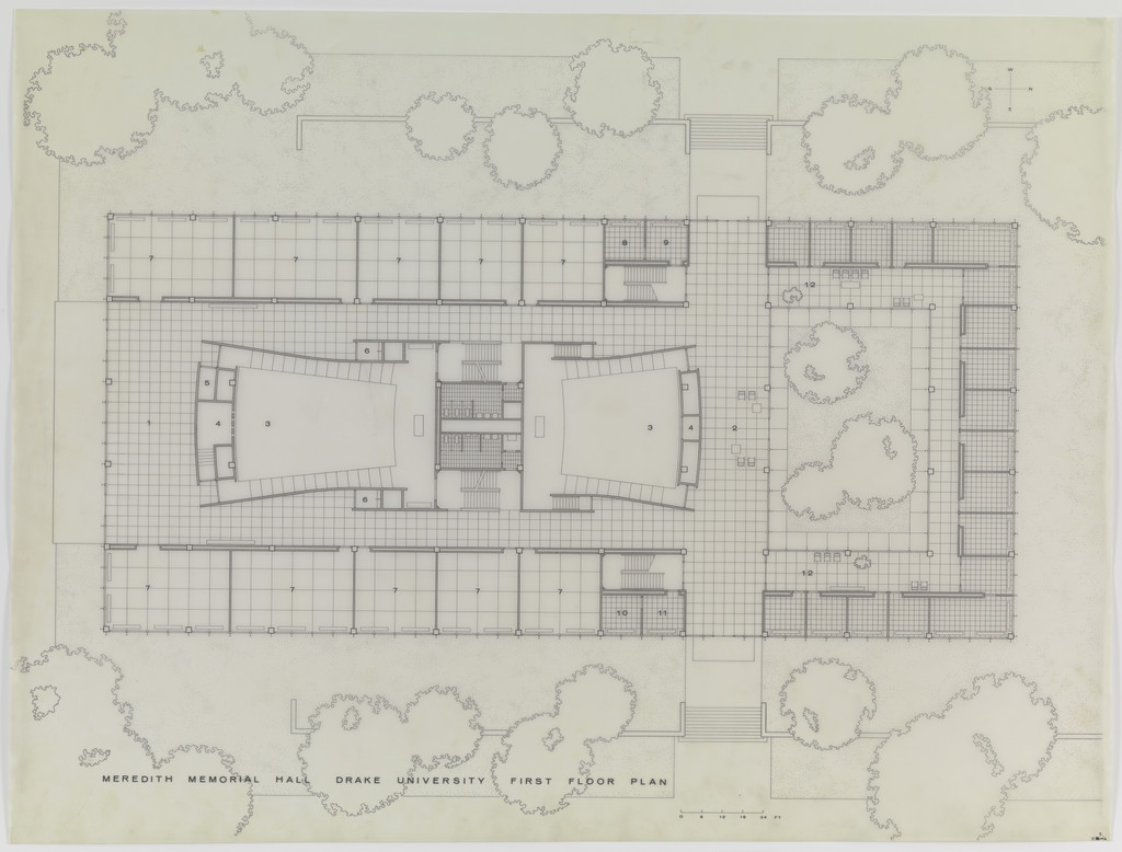 Meredith Memorial Hall, Drake University, Des Moines, IA, First floor plan