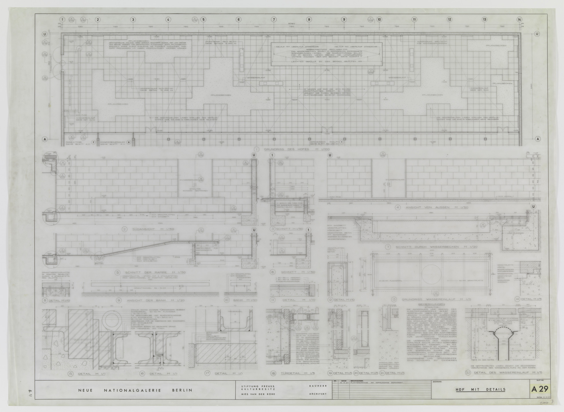 Ludwig Mies van der Rohe. New National Gallery, Berlin, Germany (Floor plan, elevations and sections. Court with details). 1967