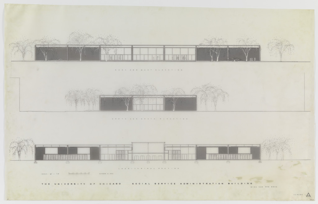 Social Service Administration Building, University of Chicago, Chicago, IL, Exterior elevations and logitudinal section