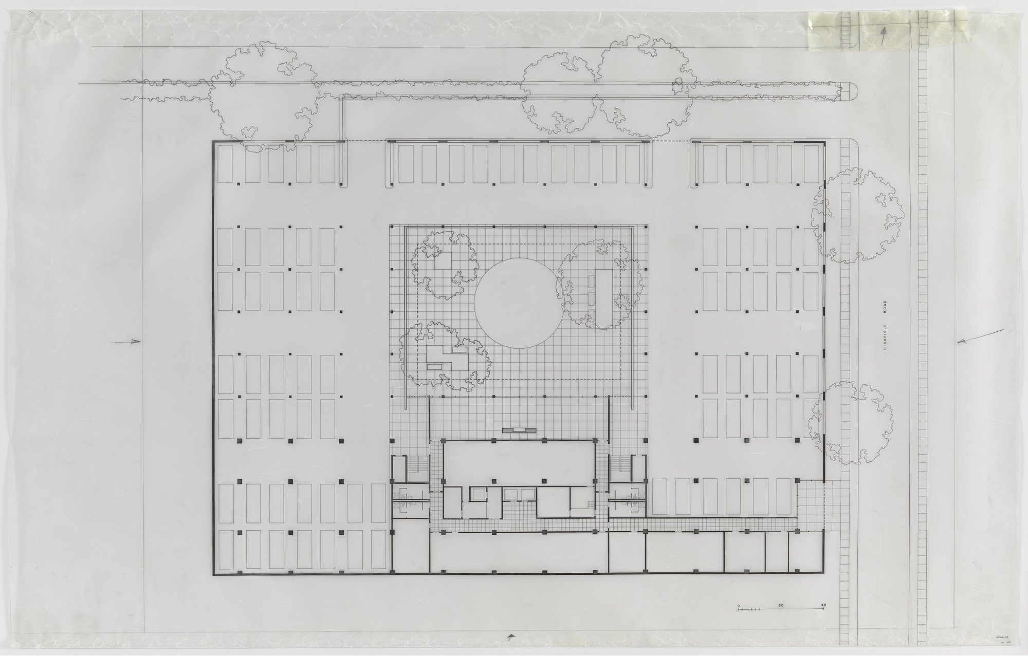 Ludwig Mies van der Rohe. Highfield House Apartments, Baltimore, MD, Basement parking plan. c.1962