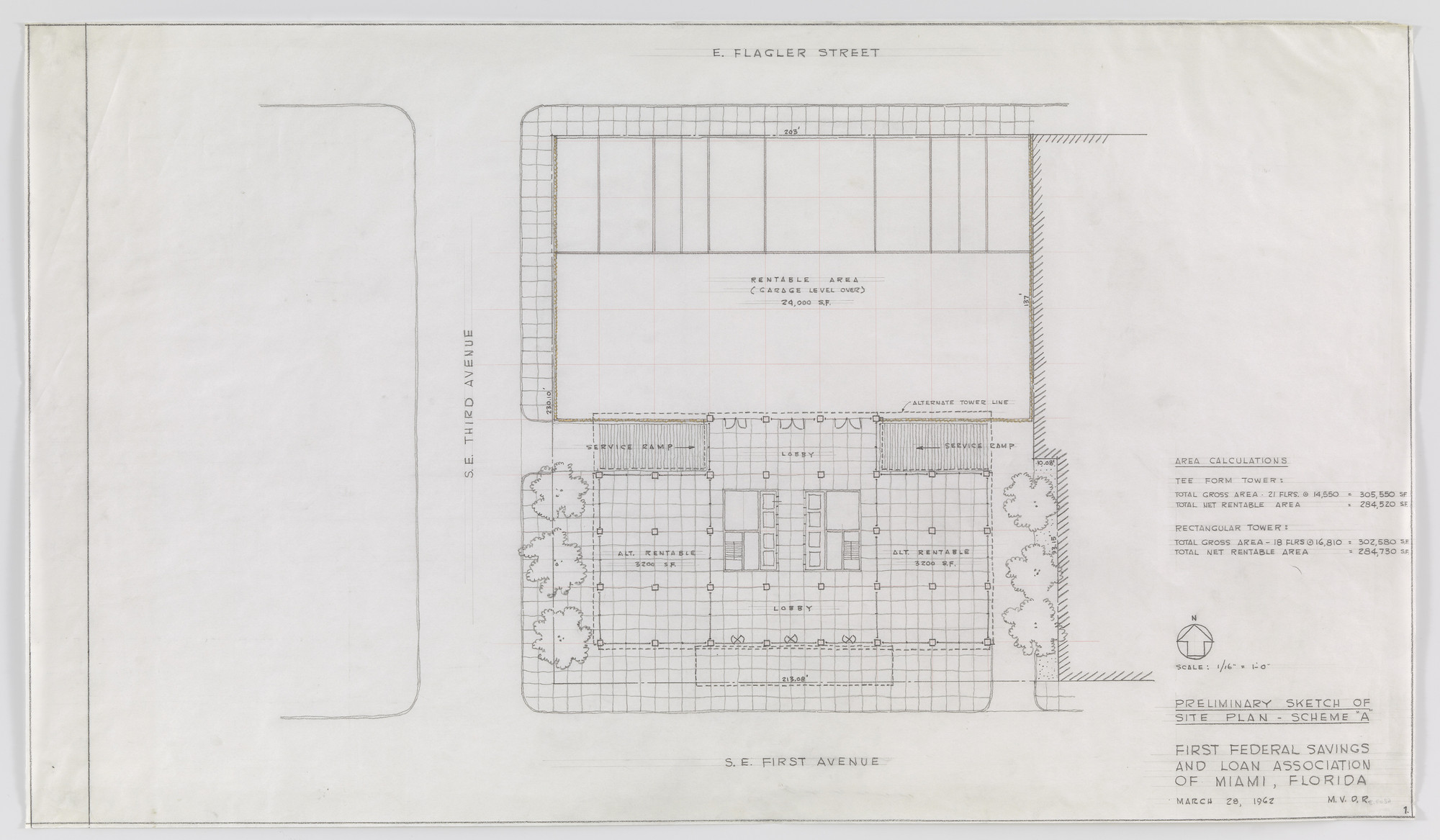 Ludwig Mies van der Rohe. First Federal Savings Building Project, Miami, FL
Preliminary sketch of site plan. Scheme A