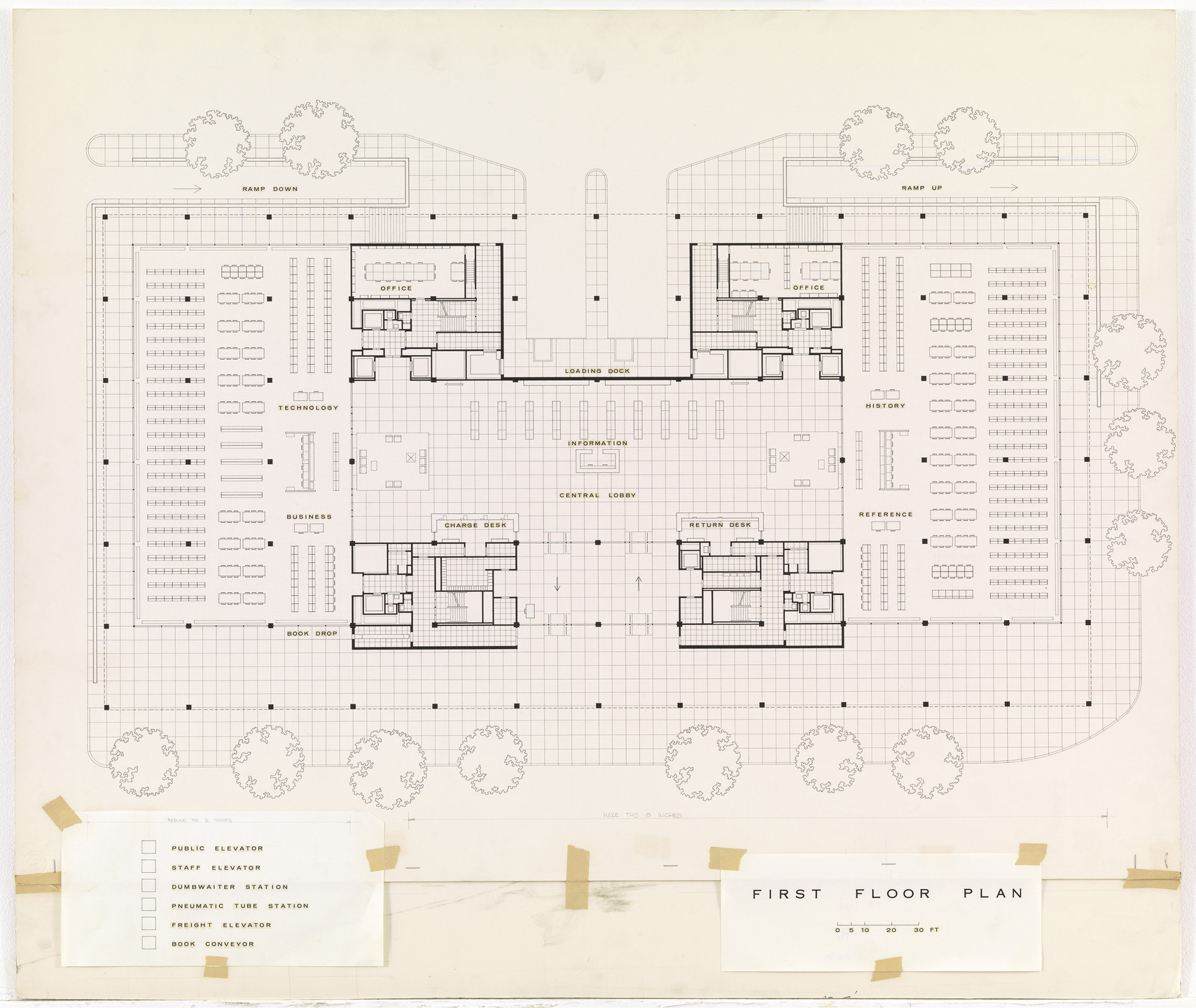 Ludwig Mies van der Rohe. Martin Luther King Jr. Memorial Library, Washington, D.C., First floor plan. 1965-1968